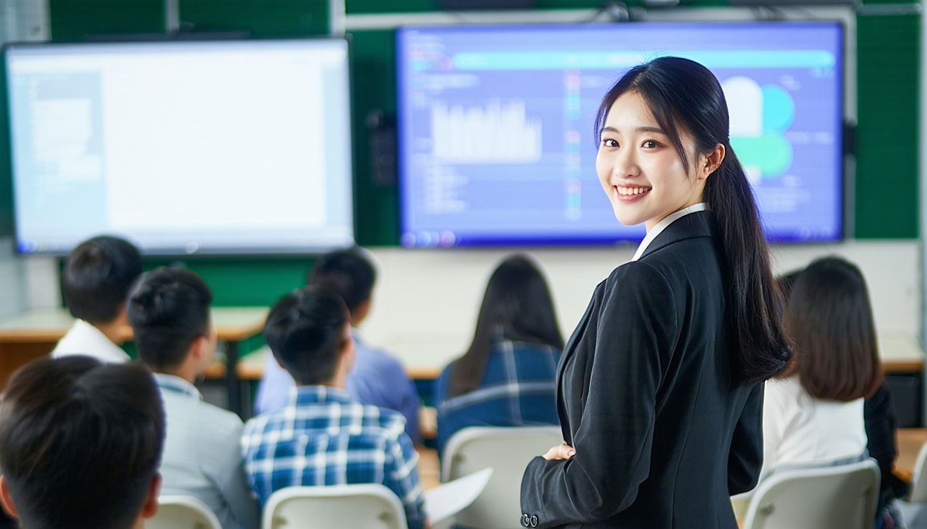 In a vibrant classroom with cuttingedge screens a young Asian businesswoman takes center stage radiating both authority and approachability Dressed in a smart tailored outfit that reflects her professional acumen she captivates her audience with a bl