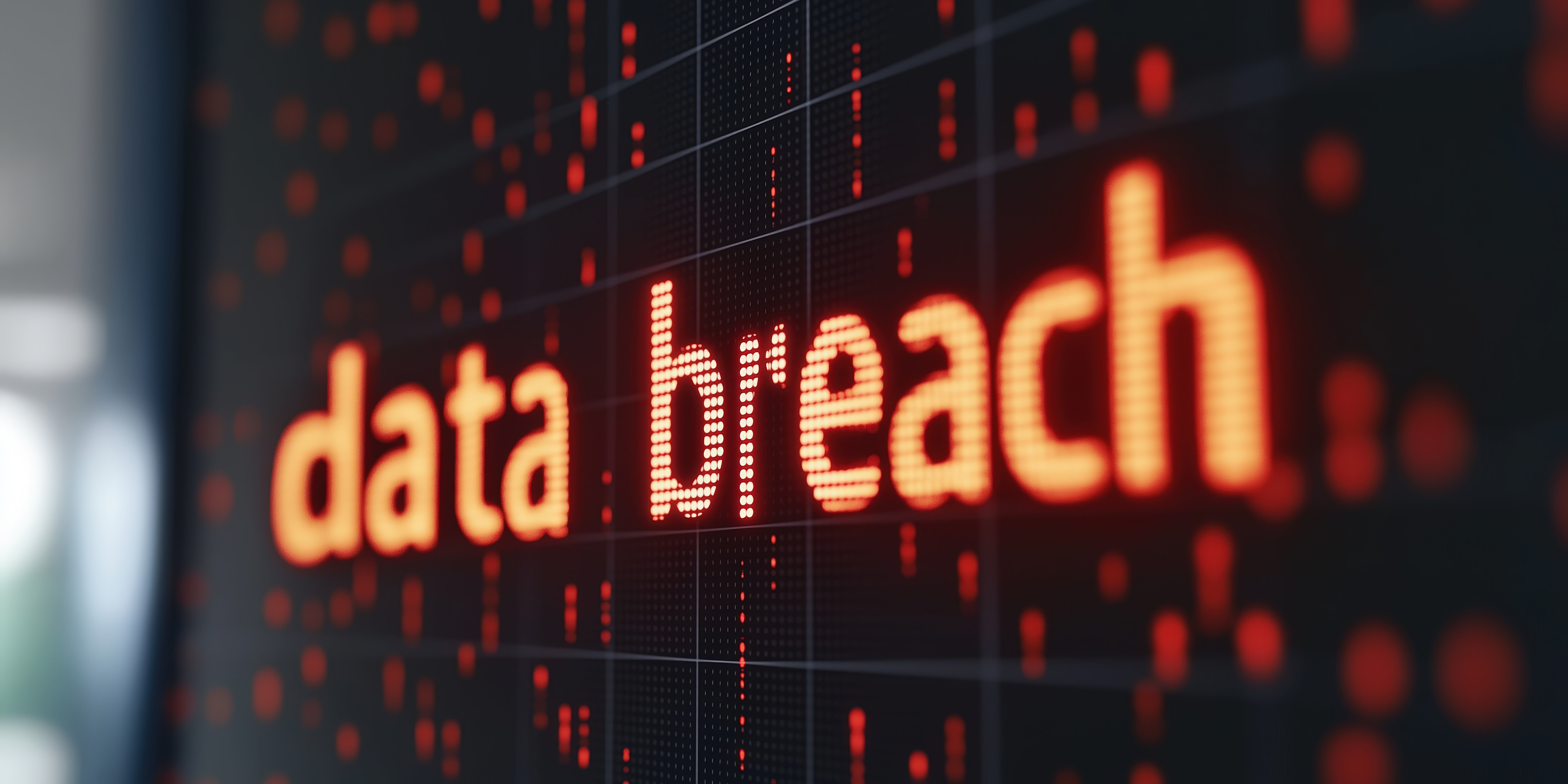 Glowing red “data breach” text on digital background with binary-style pattern, representing cybersecurity threats, data leaks, and information security risks.