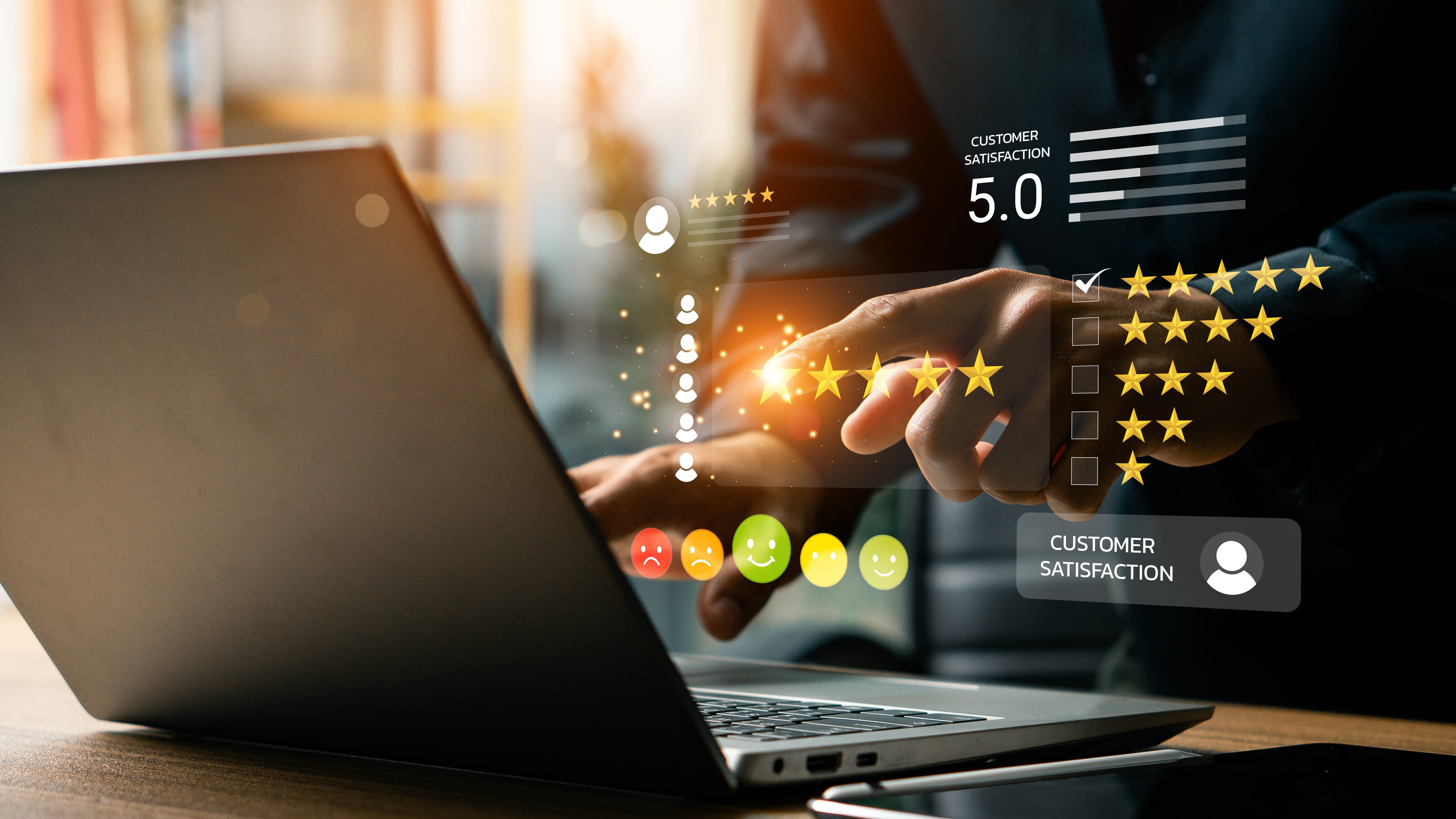 Person using a laptop with digital overlays of customer satisfaction metrics, including 5-star ratings, smiley icons, and a “Customer Satisfaction” score—representing data-driven CX enhancement in BPO services.