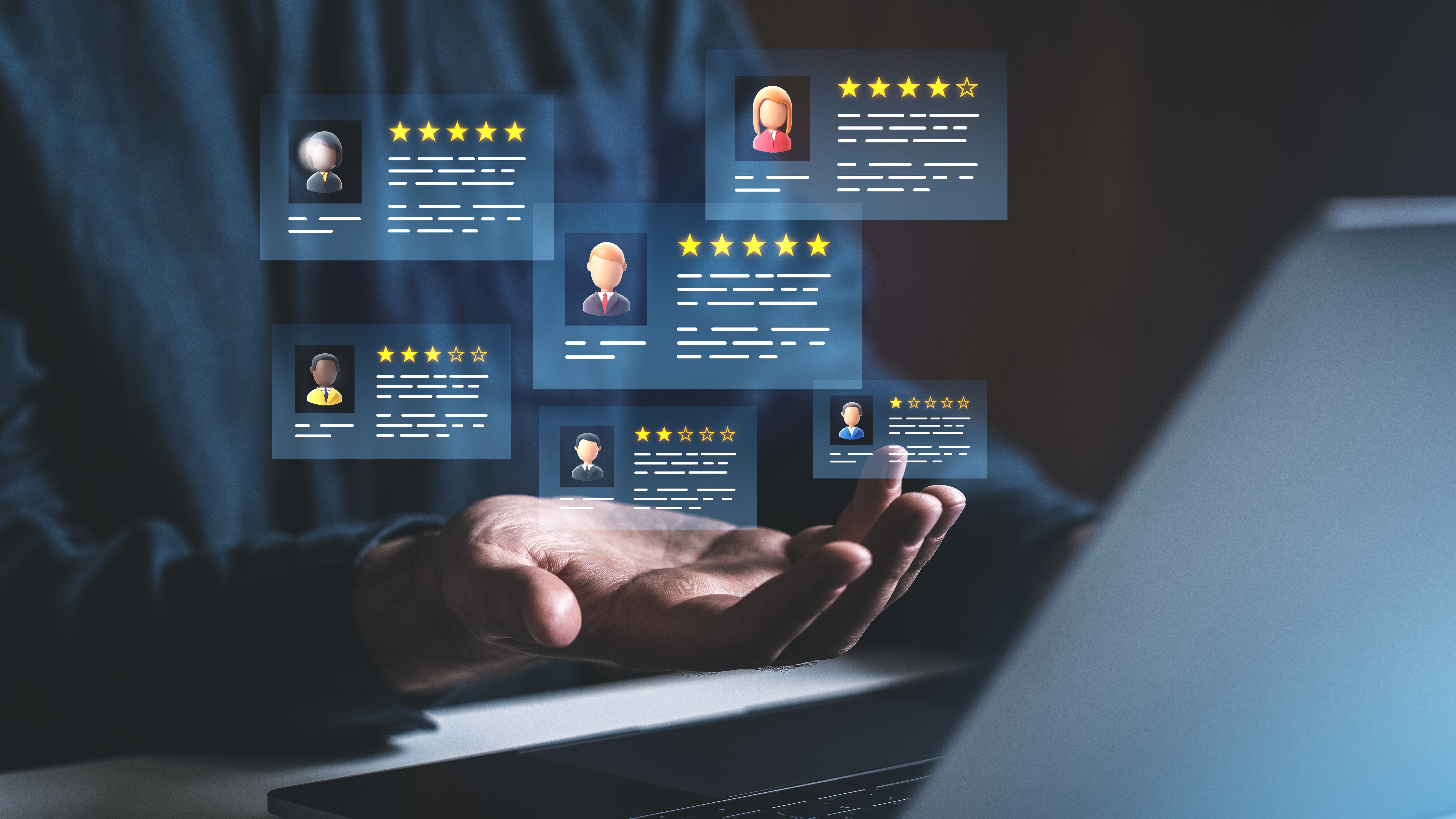 Person interacting with digital user profiles, showcasing customer ratings and reviews, symbolising data-driven customer experience enhancement in BPO services.