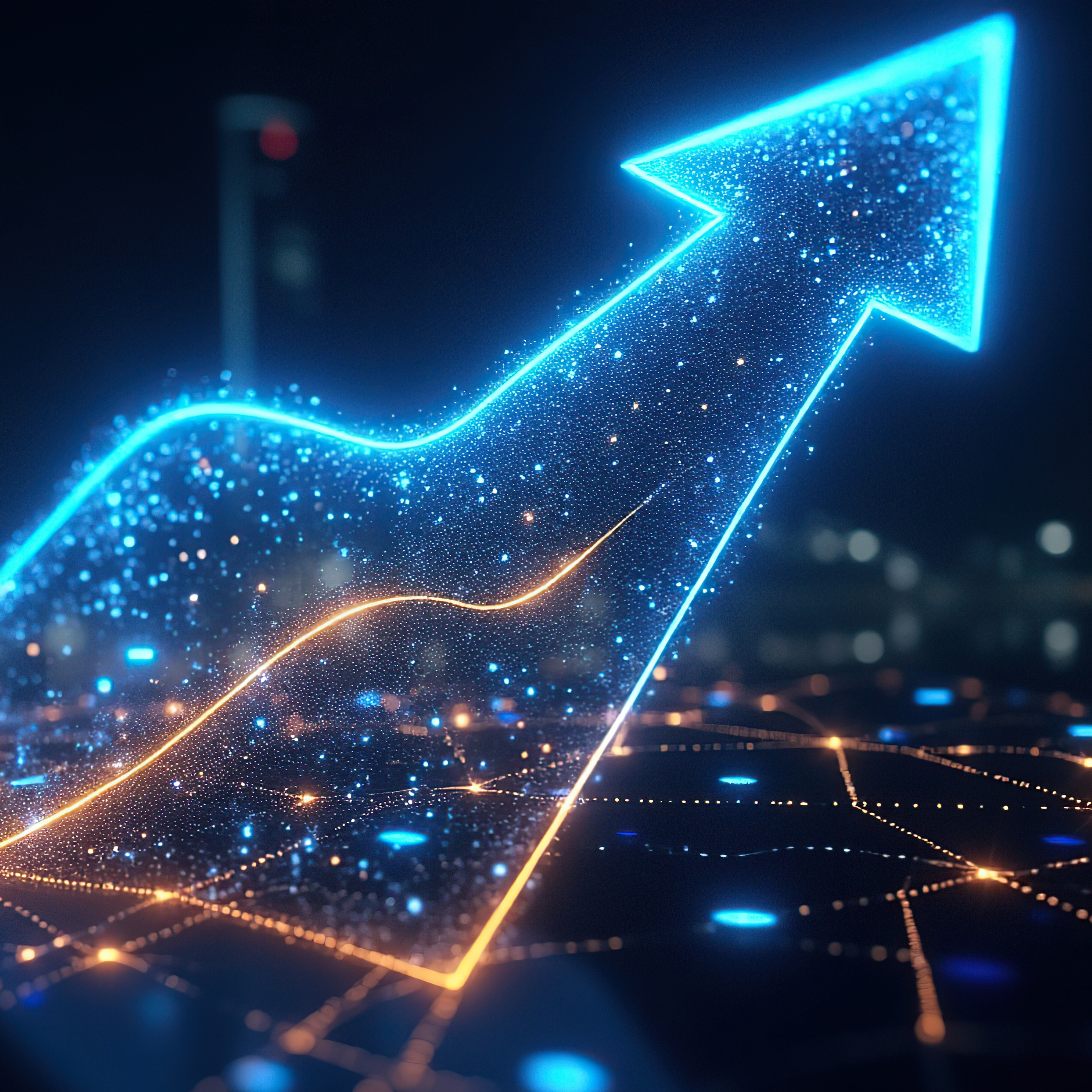A glowing upward-pointing arrow made of blue and orange light particles rising from a grid-like surface with illuminated nodes, symbolizing growth, progress, and data metrics in a futuristic setting.
