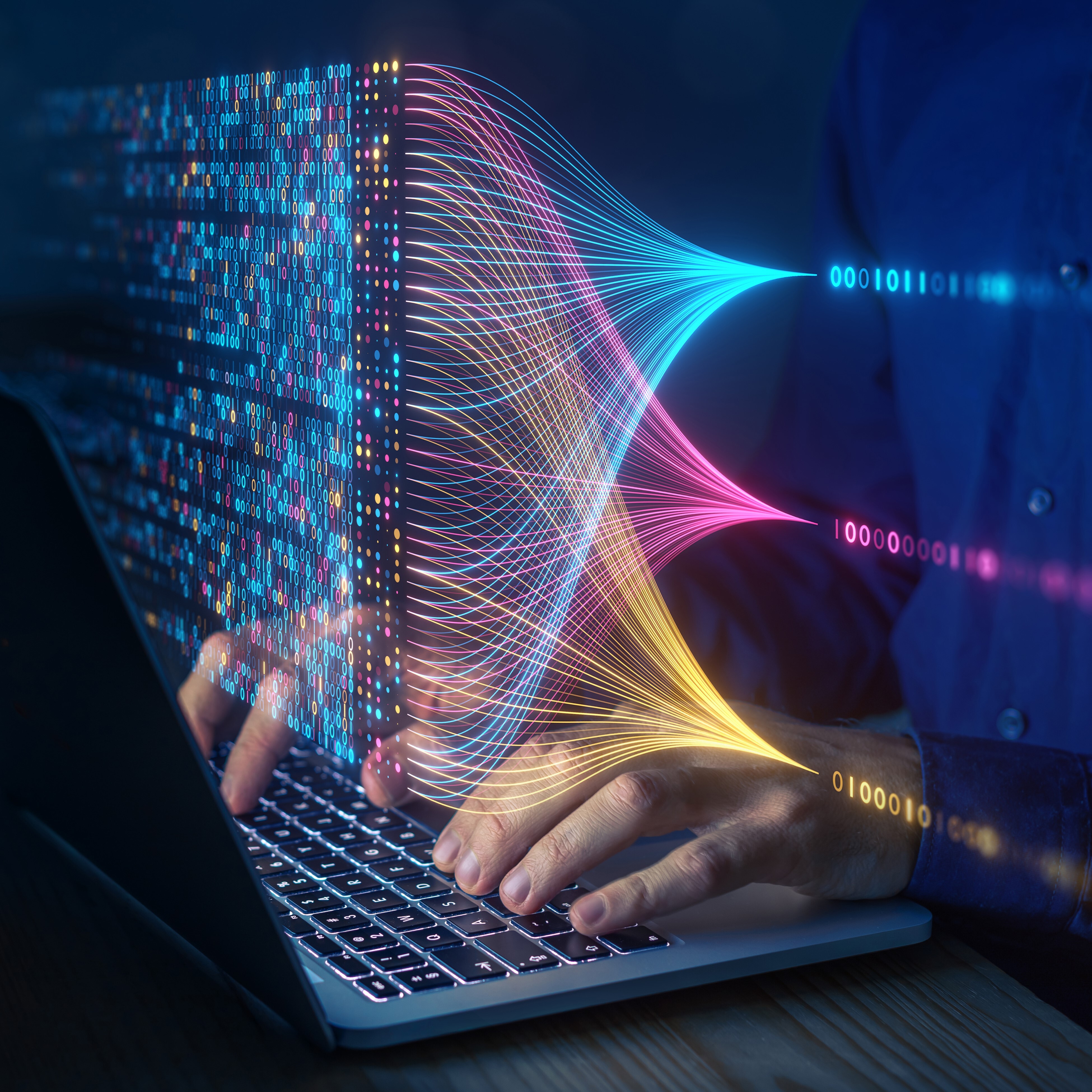A person typing on a laptop with colorful abstract lines and binary code flowing from the screen, symbolizing data processing, digital communication, and technological interaction.