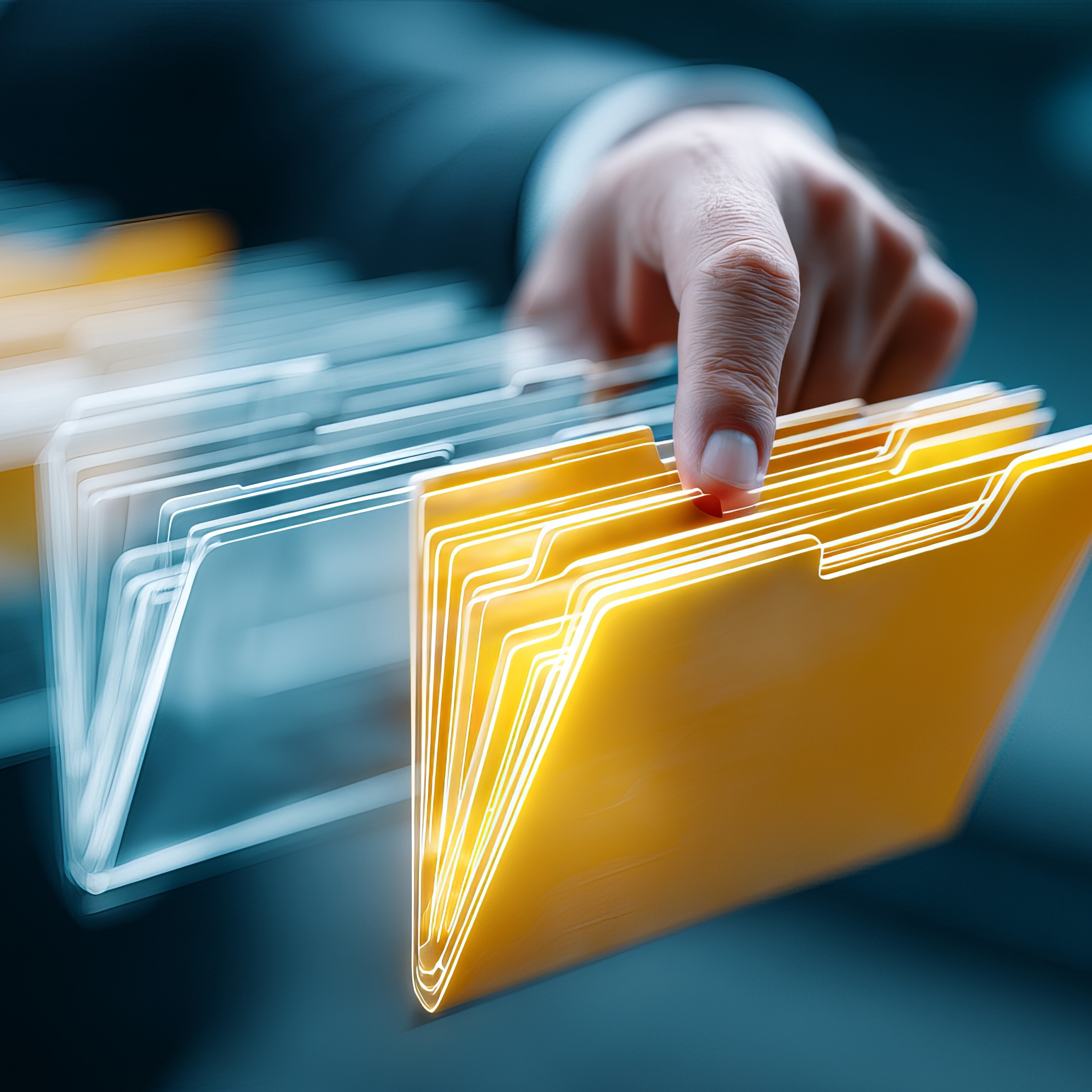 A hand reaching toward a floating yellow folder among semi-transparent folders, representing a futuristic digital filing system and efficient file organization.