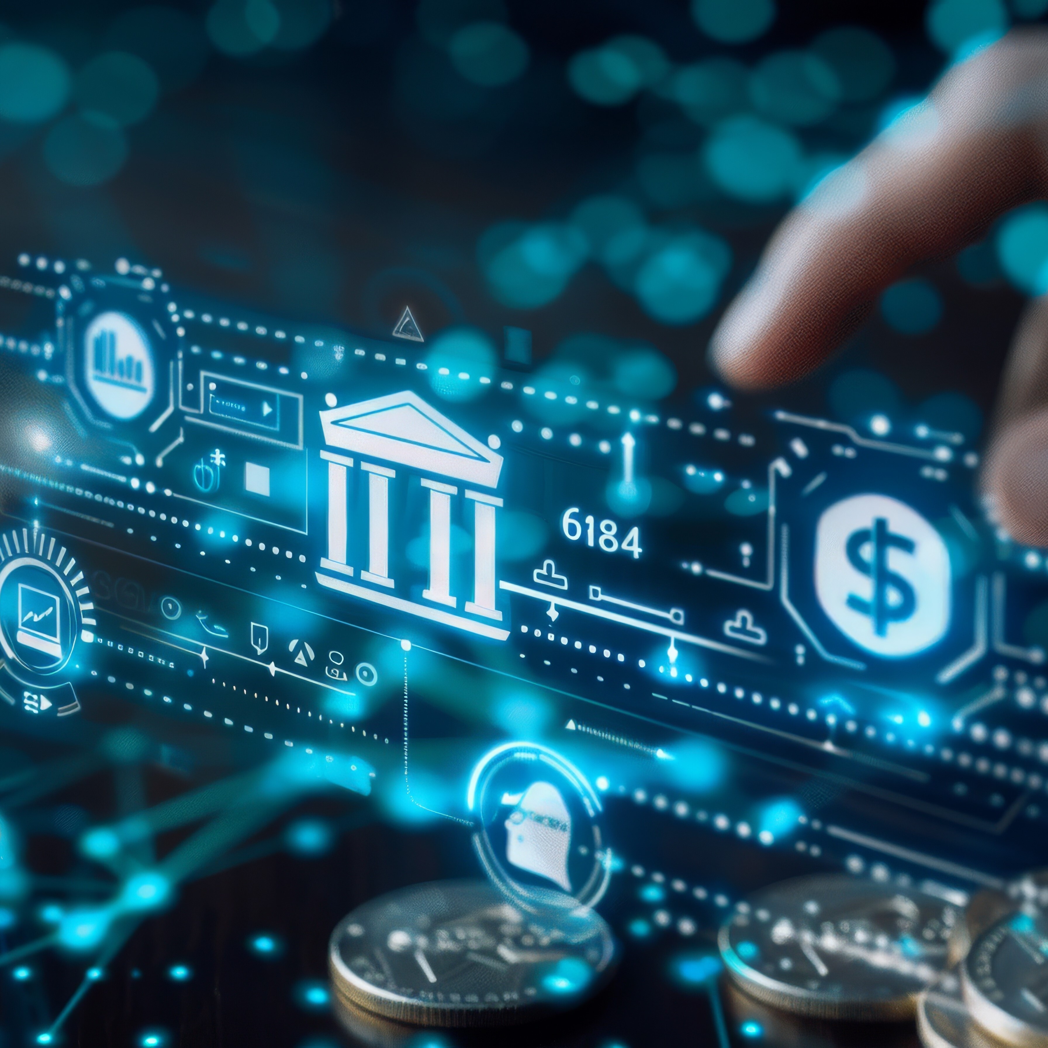 A hand interacting with a digital interface featuring icons of a bank building, dollar signs, coins, and financial graphs, representing the integration of traditional banking with modern digital technology.