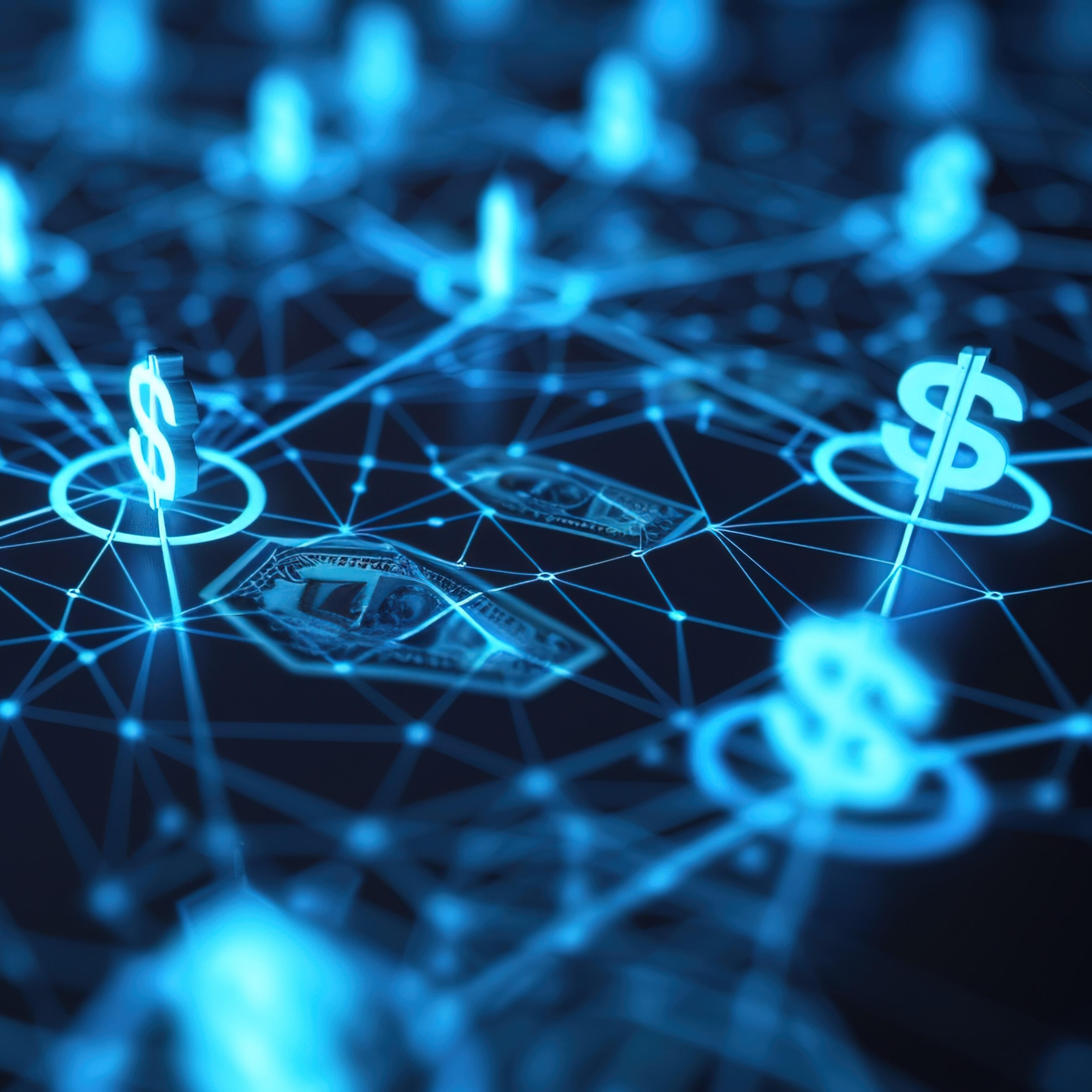 A digital graphic showing interconnected dollar signs linked by glowing blue lines and nodes on a dark background, representing financial systems, digital currency, or blockchain networks.
