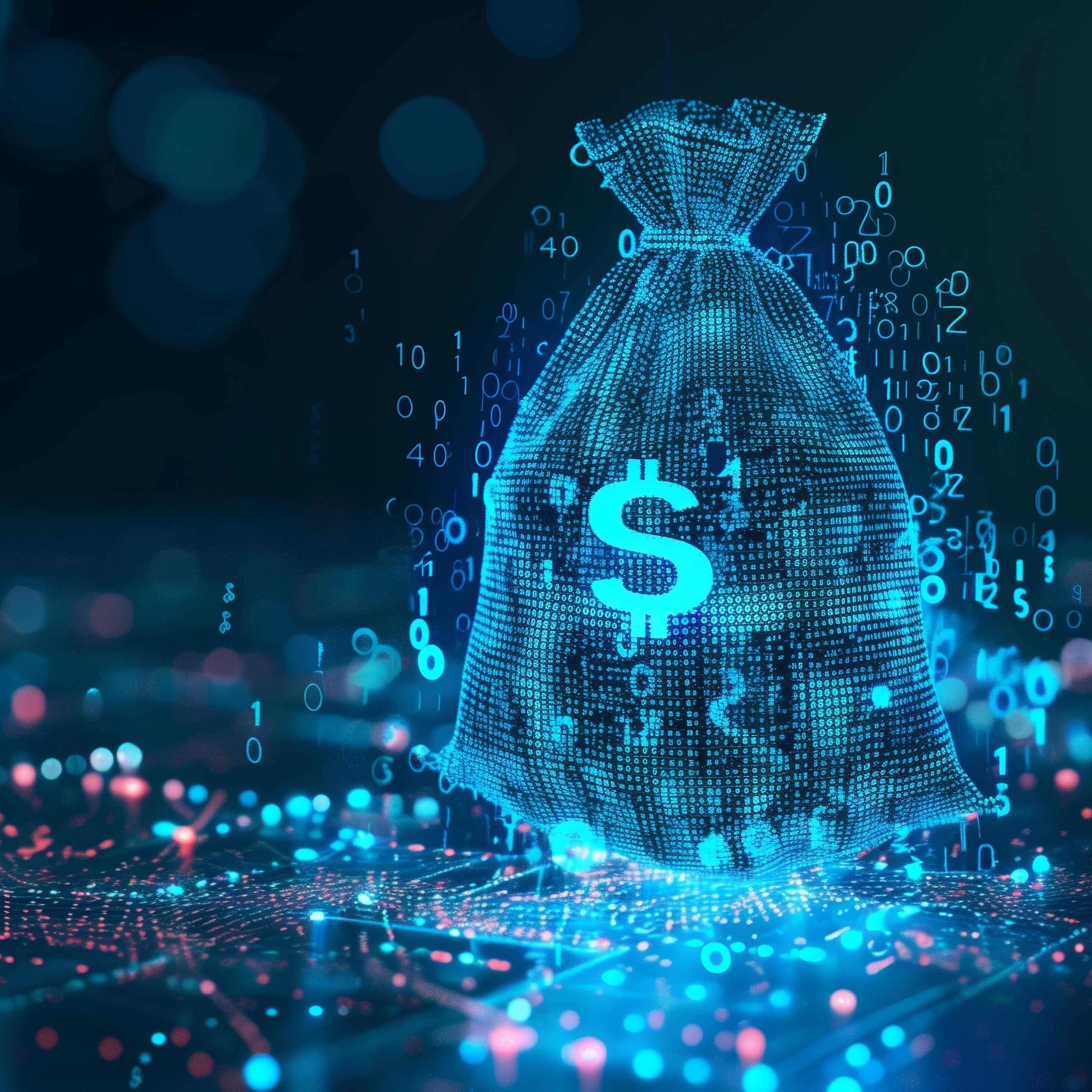 A digital illustration of a money bag with a dollar sign, composed of binary code and digital elements, set against a dark blue background with scattered lights and numbers, symbolizing digital currency and financial technology.