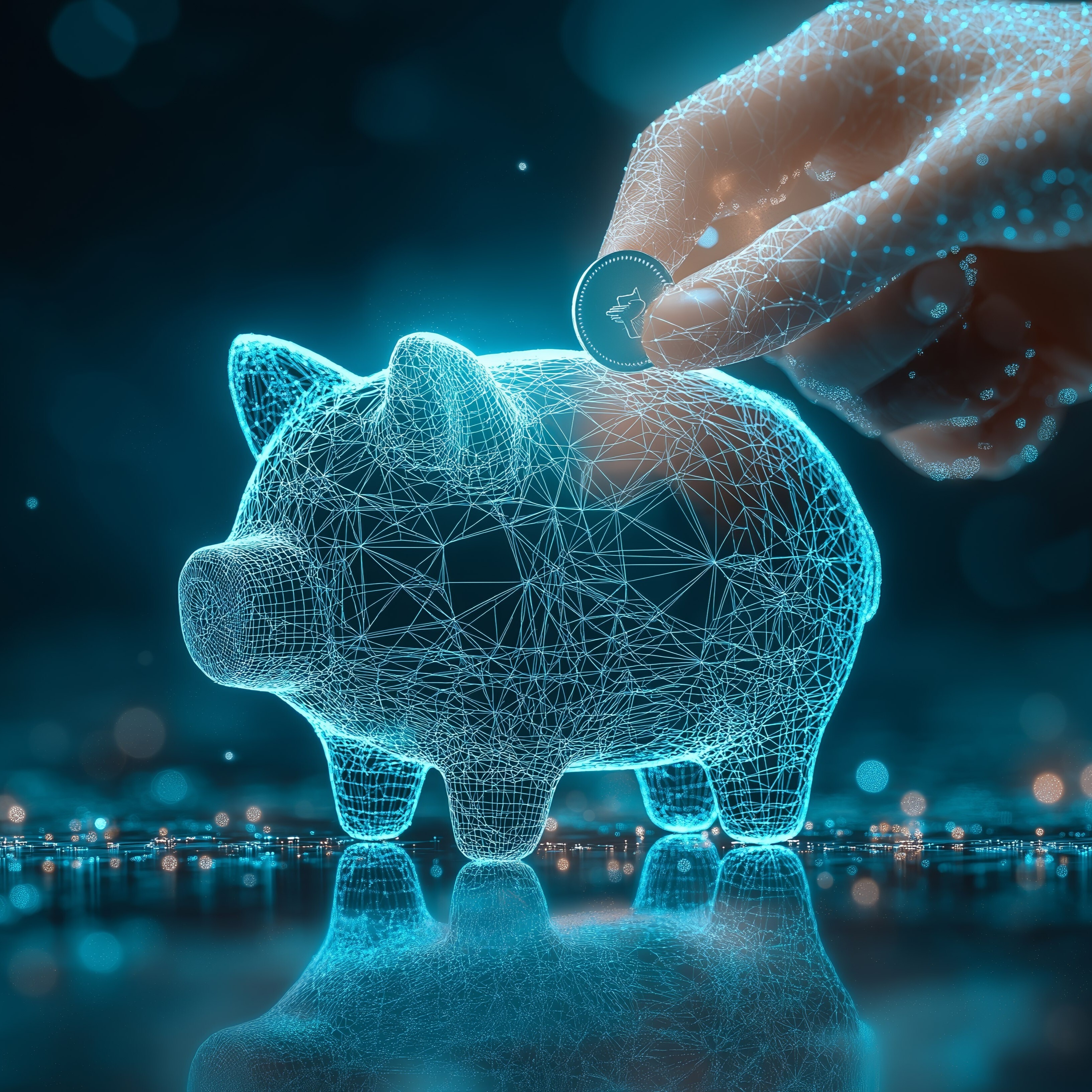 A wireframe-style piggy bank made of interconnected blue lines and dots with a hand placing a coin into it, set against a dark background with bokeh lights, symbolizing digital savings and financial technology.