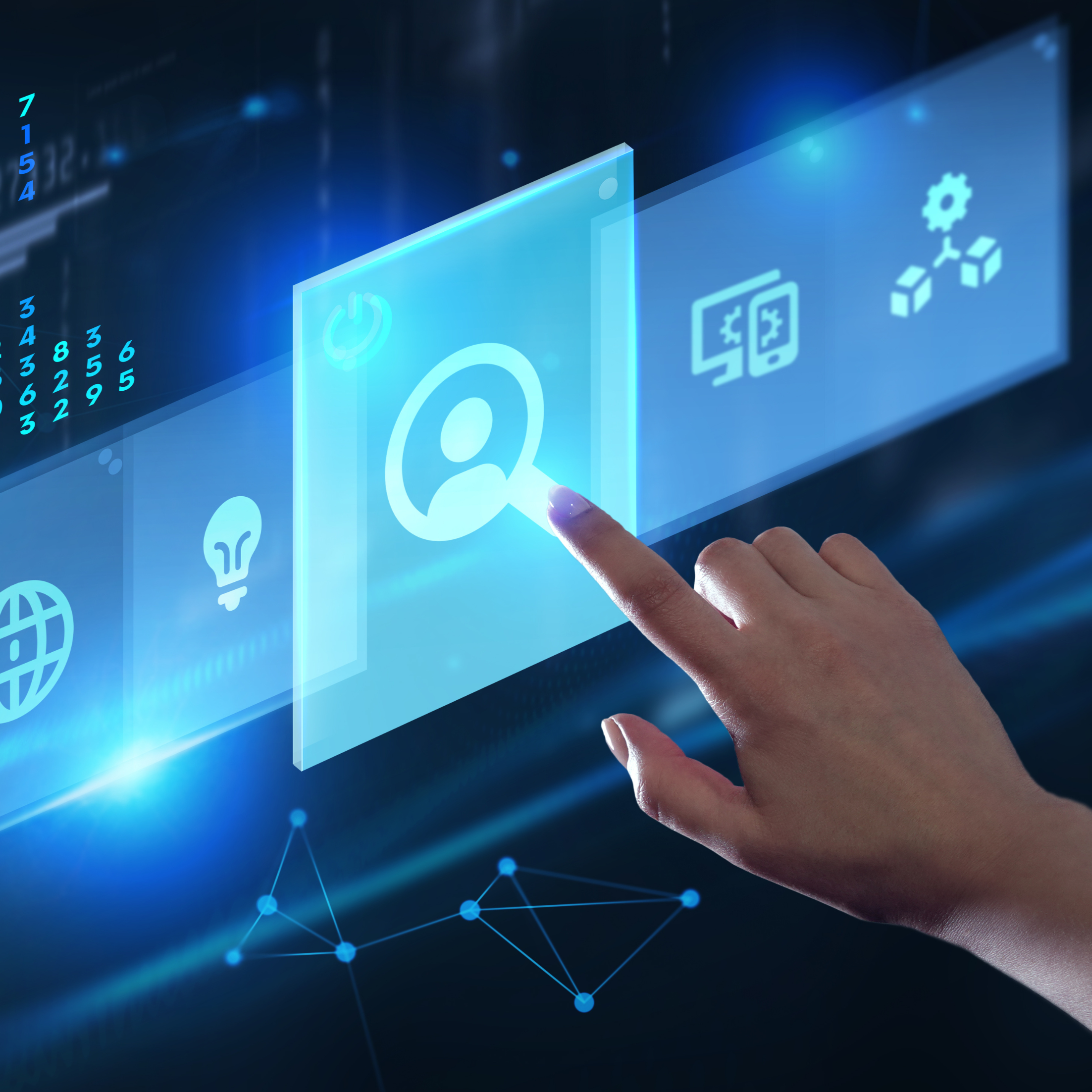 A hand interacting with a transparent digital interface featuring icons such as a globe, light bulb, user profile, code screen, and interconnected blocks, set against a background of abstract digital elements.
