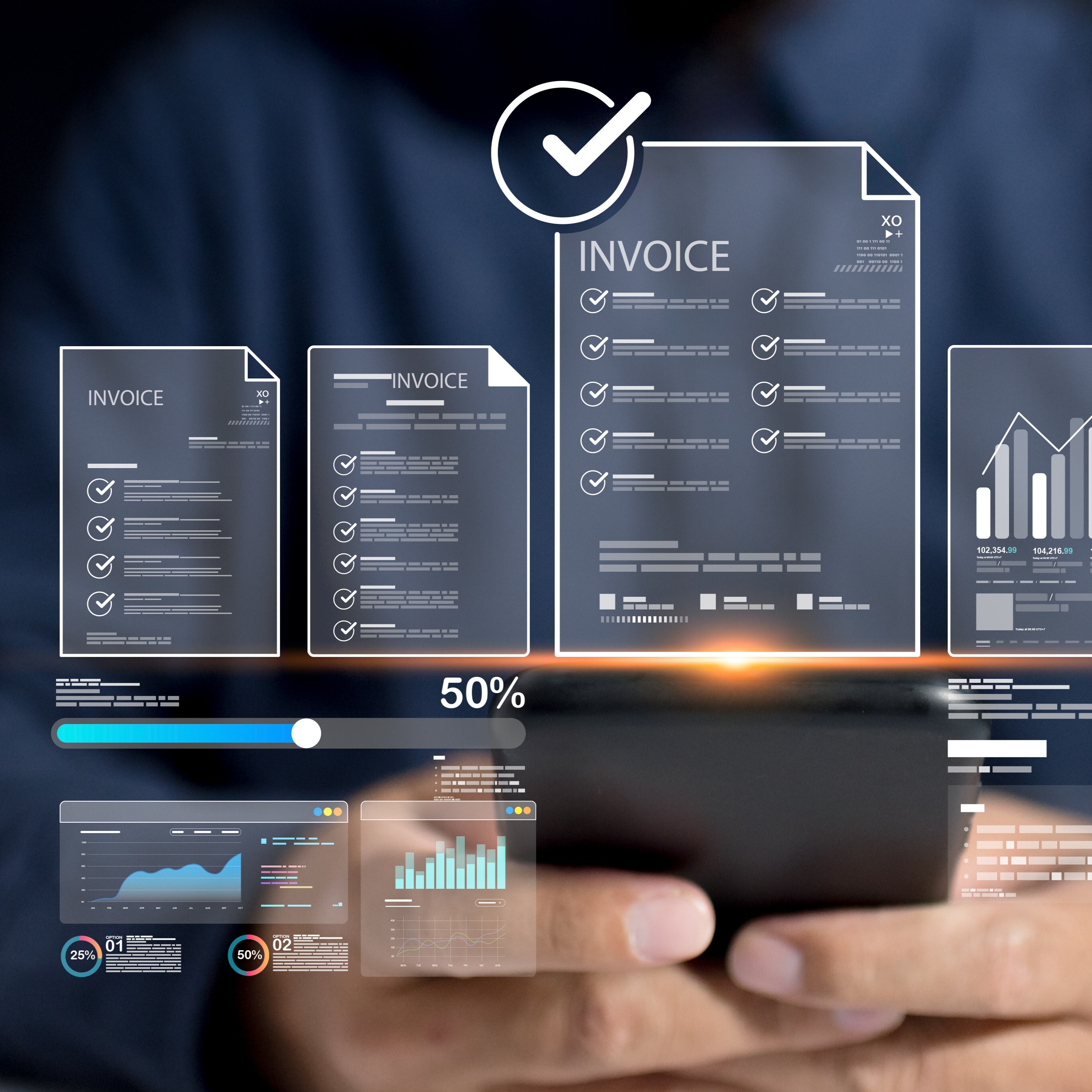 A person holding a smartphone with superimposed digital elements including invoices, checklists, charts, graphs, and a 50% progress bar, representing mobile-based financial document management and analytics.