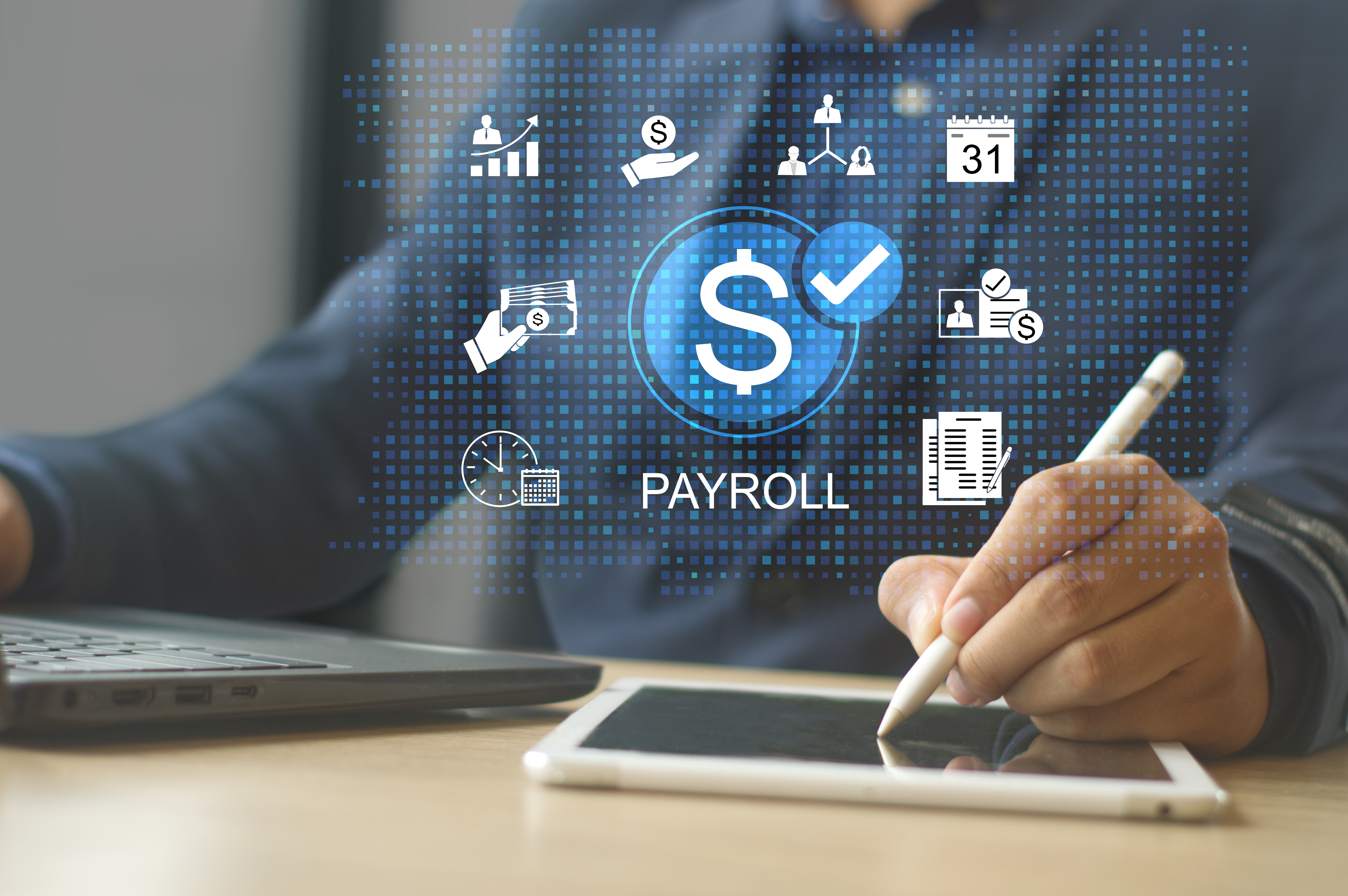 A person using a stylus on a tablet with various payroll-related icons floating above, including symbols for money, calendar, clock, and charts. The central icon is a dollar sign with the word 