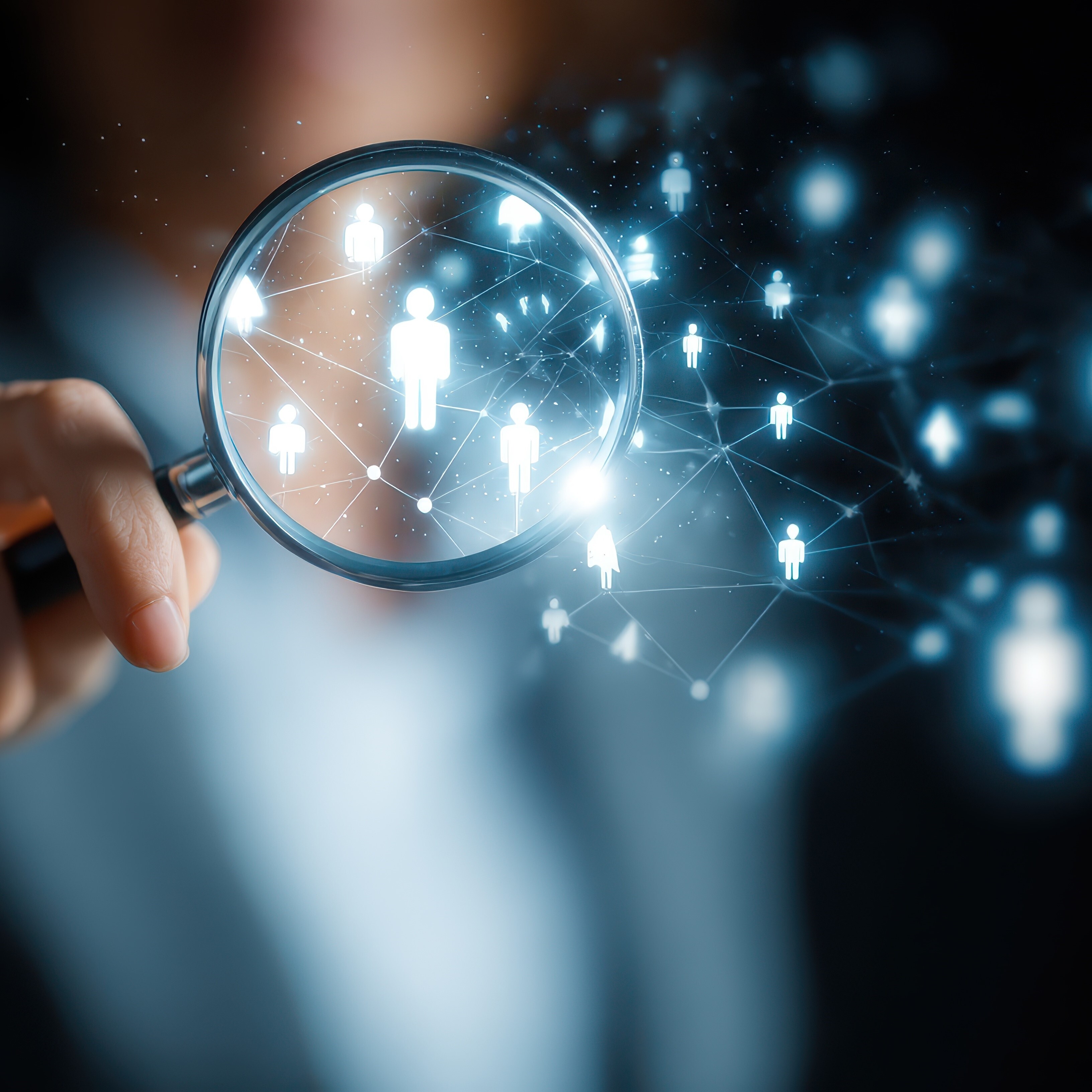 A hand holding a magnifying glass focusing on a glowing network of interconnected human icons, symbolizing social connections or data analysis.
