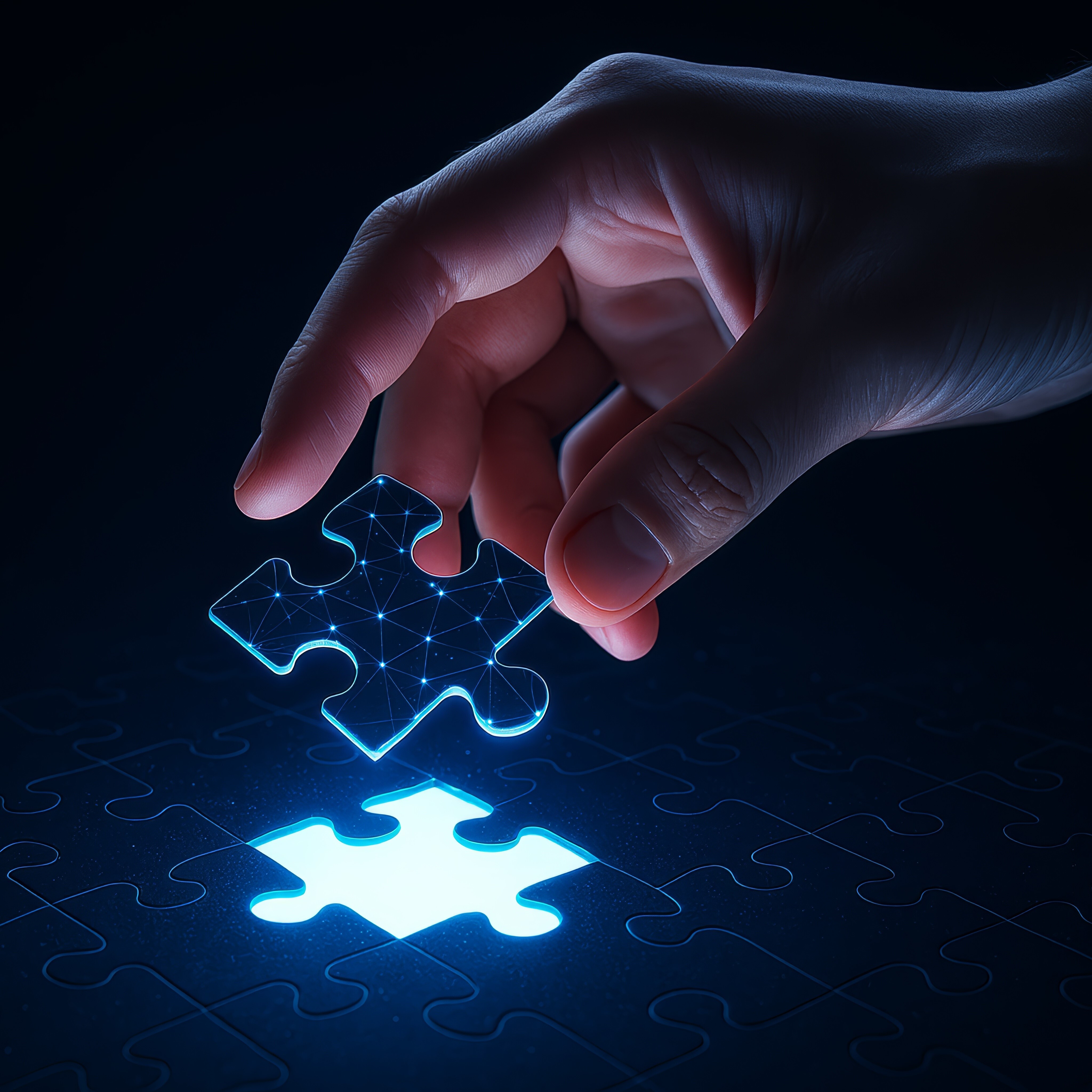 A hand holding a glowing puzzle piece with a network pattern above a puzzle board with one missing piece, symbolizing problem-solving, solutions, and digital connectivity.